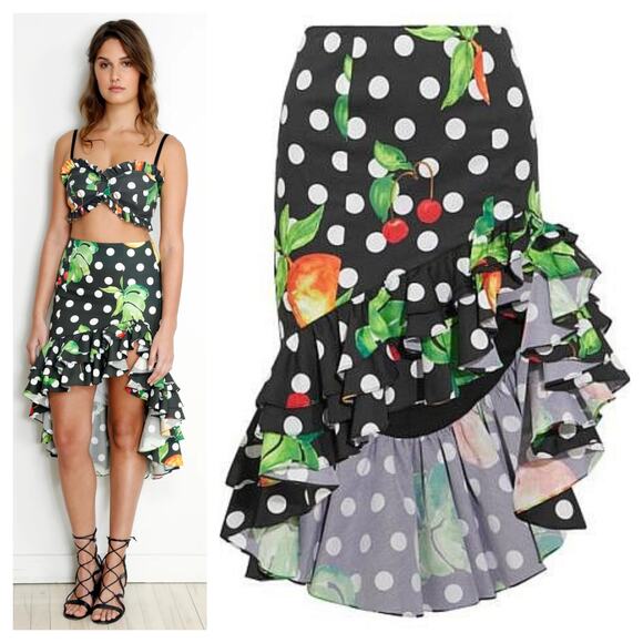 [Caroline Constas] Polka Dot Orange Print Asymmetrical Ruffle Skirt Sz Medium M - Picture 1 of 12